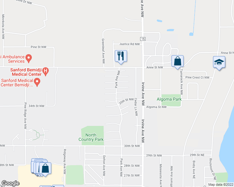 map of restaurants, bars, coffee shops, grocery stores, and more near 635 Villa Court Northwest in Bemidji