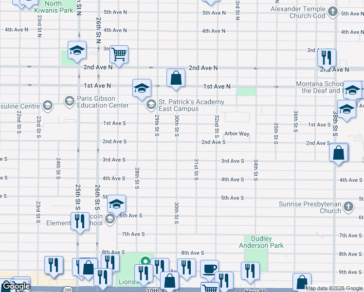 map of restaurants, bars, coffee shops, grocery stores, and more near 3009 3rd Avenue South in Great Falls
