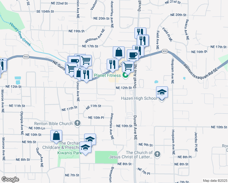 map of restaurants, bars, coffee shops, grocery stores, and more near 4400 Northeast 11th Street in Renton