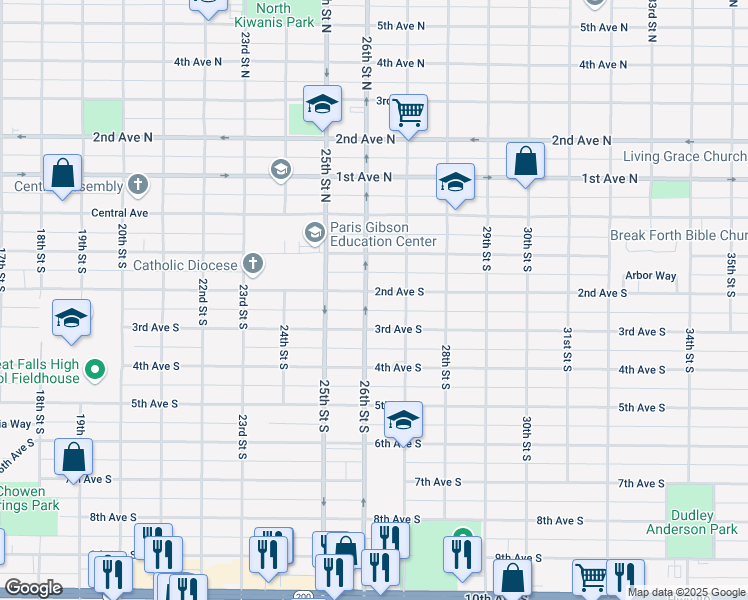 map of restaurants, bars, coffee shops, grocery stores, and more near 251-299 26th Street South in Great Falls