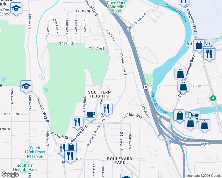 map of restaurants, bars, coffee shops, grocery stores, and more near 2225 South 112th Street in Seattle