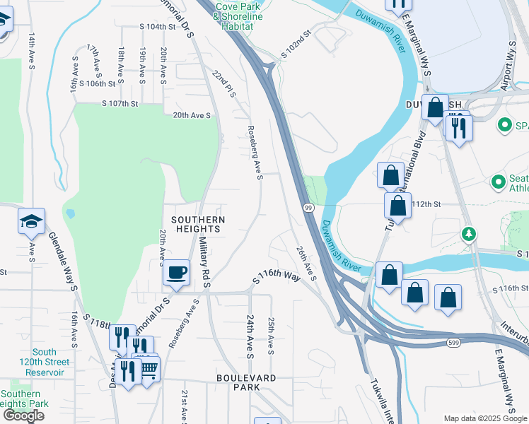 map of restaurants, bars, coffee shops, grocery stores, and more near 11216 Roseberg Avenue South in Seattle