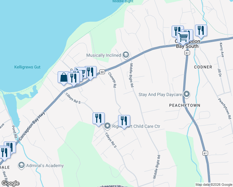 map of restaurants, bars, coffee shops, grocery stores, and more near 37 Cluneys Road in Conception Bay South