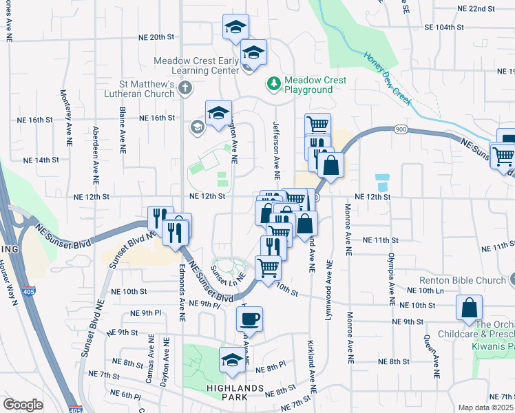 map of restaurants, bars, coffee shops, grocery stores, and more near 1175 Harrington Place Northeast in Renton