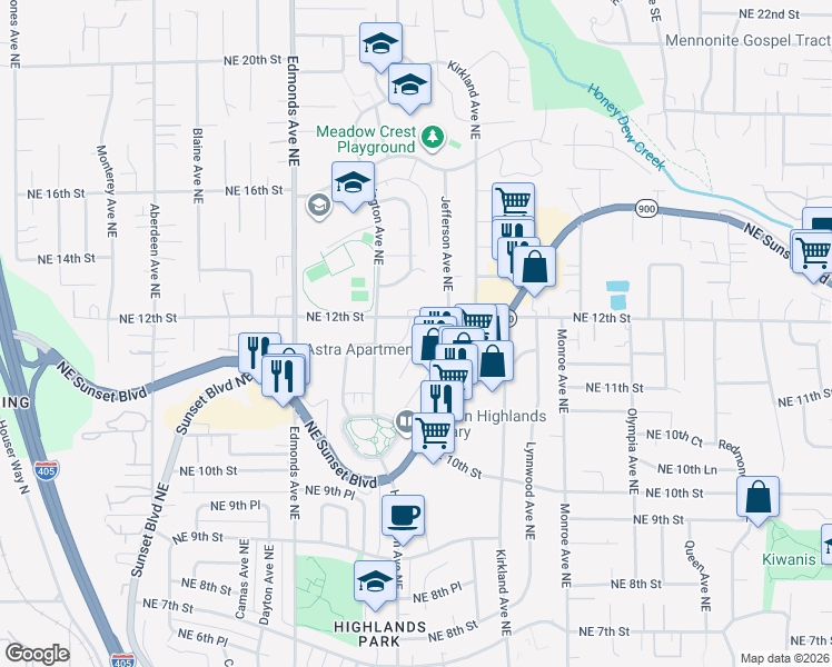 map of restaurants, bars, coffee shops, grocery stores, and more near 2828 Harrington Place Northeast in Renton