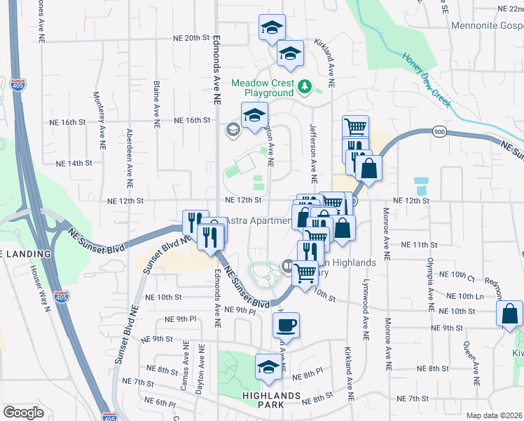 map of restaurants, bars, coffee shops, grocery stores, and more near 1145 Harrington Avenue Northeast in Renton