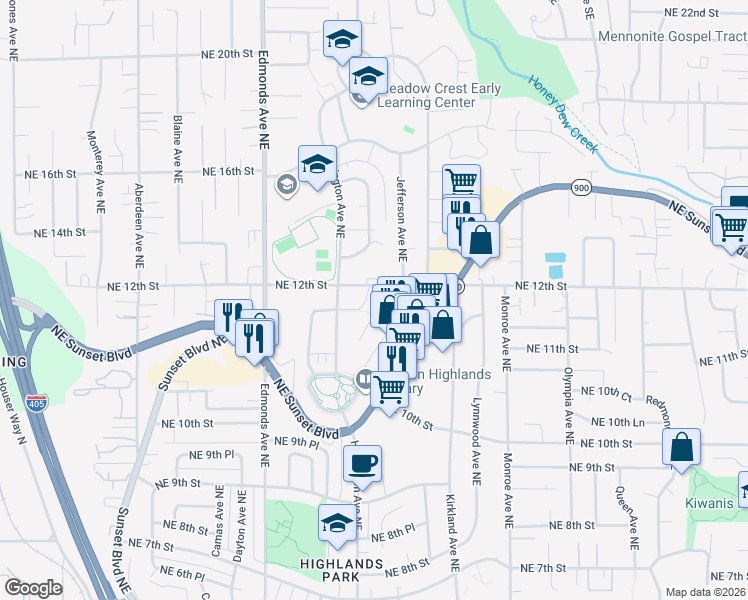 map of restaurants, bars, coffee shops, grocery stores, and more near 2828 Harrington Place Northeast in Renton