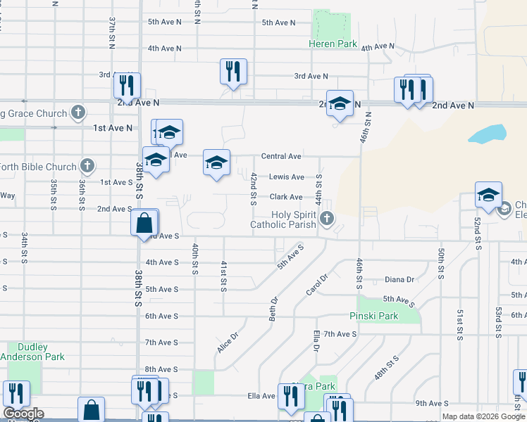 map of restaurants, bars, coffee shops, grocery stores, and more near 4211 3rd Avenue South in Great Falls