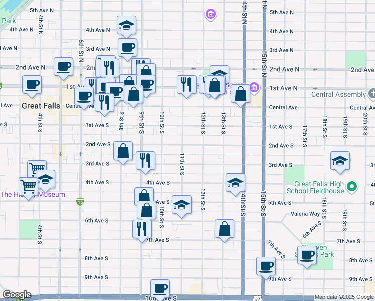 map of restaurants, bars, coffee shops, grocery stores, and more near 1109 3rd Avenue South in Great Falls
