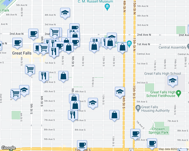 map of restaurants, bars, coffee shops, grocery stores, and more near 1109 3rd Avenue South in Great Falls