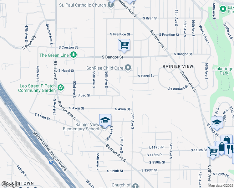 map of restaurants, bars, coffee shops, grocery stores, and more near 11016 56th Avenue South in Seattle
