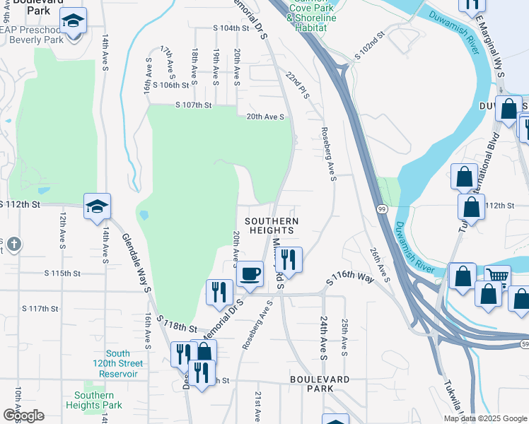 map of restaurants, bars, coffee shops, grocery stores, and more near 11233 Des Moines Memorial Drive South in Seattle