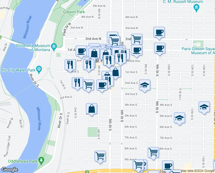 map of restaurants, bars, coffee shops, grocery stores, and more near 206 5th Street South in Great Falls
