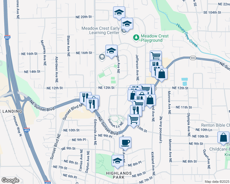map of restaurants, bars, coffee shops, grocery stores, and more near 1145 Harrington Avenue Northeast in Renton