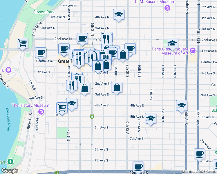 map of restaurants, bars, coffee shops, grocery stores, and more near 700 2nd Avenue South in Great Falls