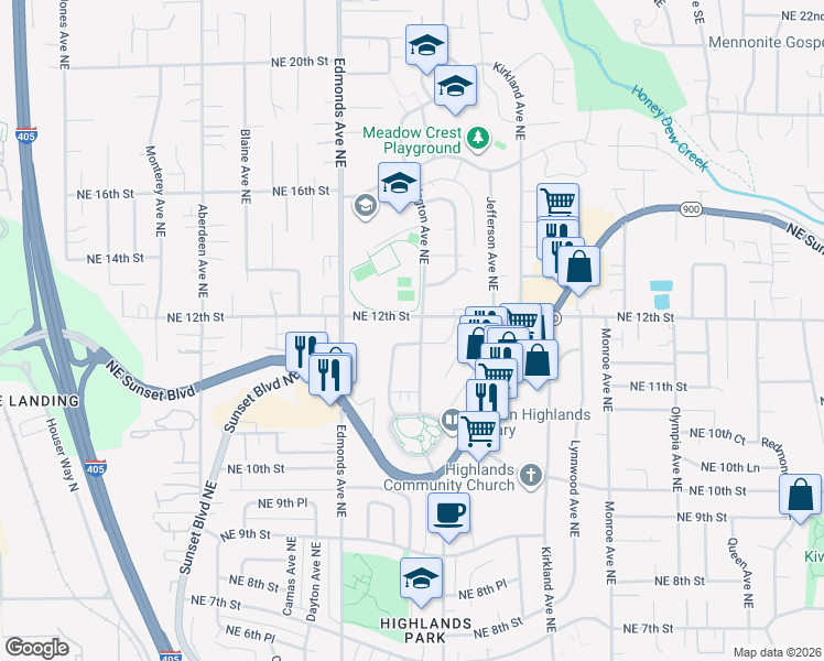 map of restaurants, bars, coffee shops, grocery stores, and more near 1145 Harrington Avenue Northeast in Renton