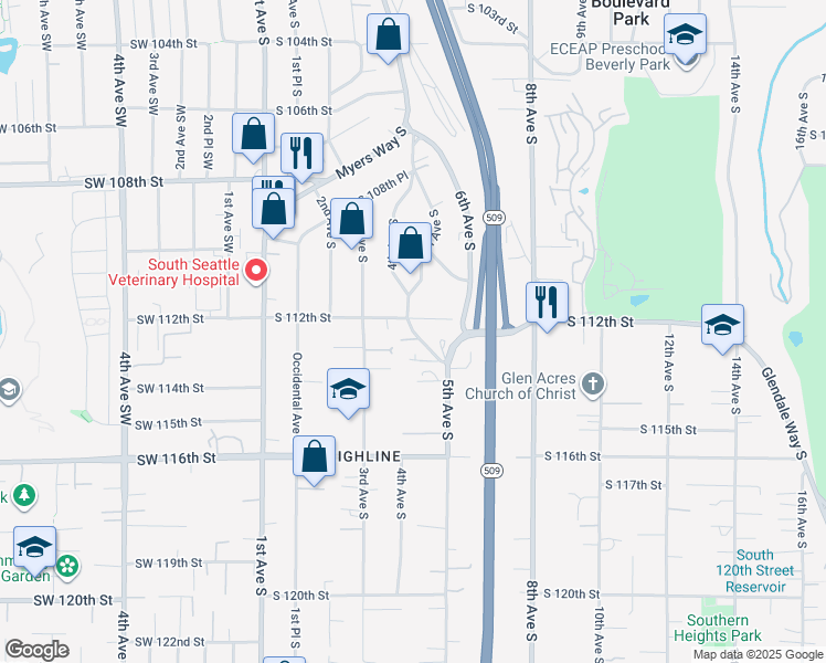 map of restaurants, bars, coffee shops, grocery stores, and more near 11269 4th Place South in Seattle