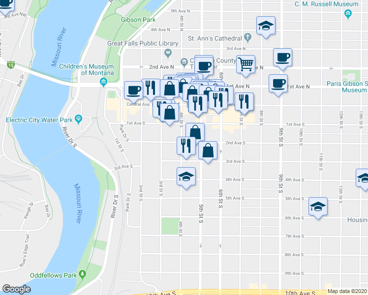 map of restaurants, bars, coffee shops, grocery stores, and more near 400 2nd Avenue South in Great Falls