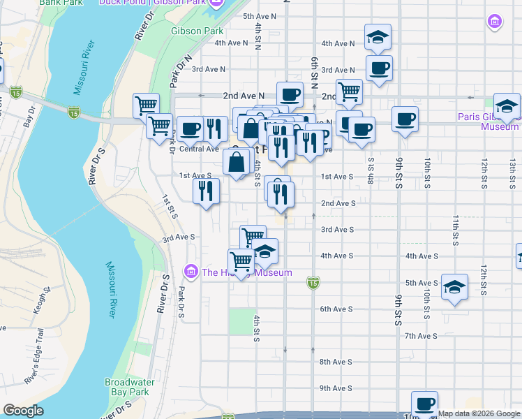 map of restaurants, bars, coffee shops, grocery stores, and more near 400 2nd Avenue South in Great Falls
