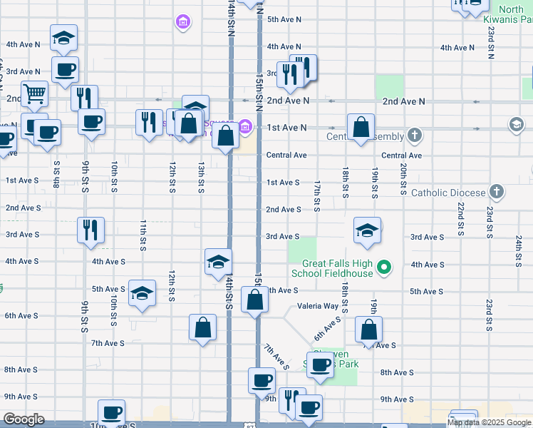 map of restaurants, bars, coffee shops, grocery stores, and more near 1518 1st Avenue South in Great Falls