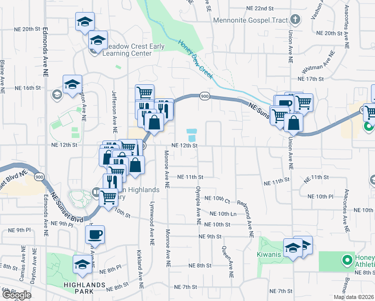 map of restaurants, bars, coffee shops, grocery stores, and more near 3410 Northeast 12th Street in Renton