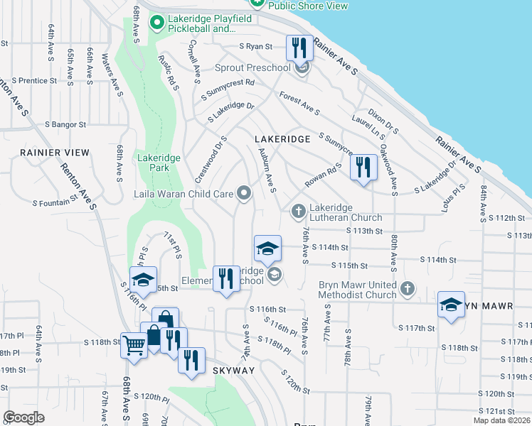 map of restaurants, bars, coffee shops, grocery stores, and more near 11114 Cornell Avenue South in Seattle