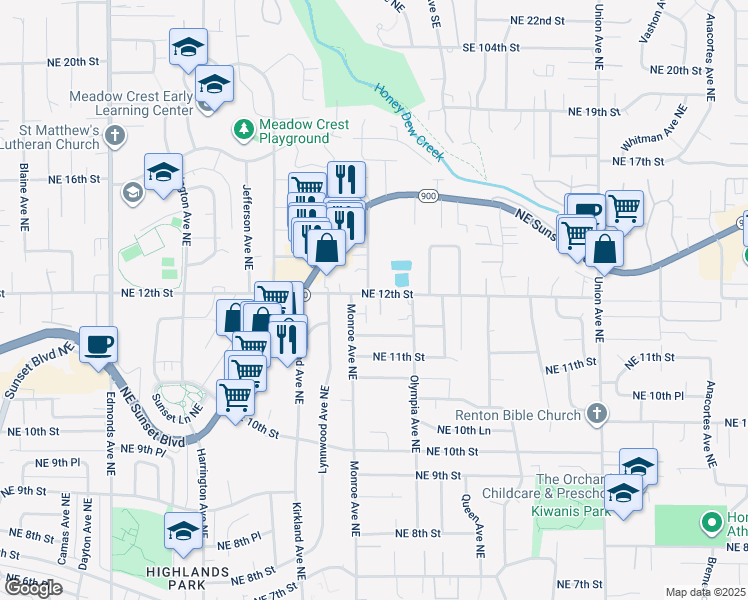 map of restaurants, bars, coffee shops, grocery stores, and more near 1209 Monroe Avenue Northeast in Renton