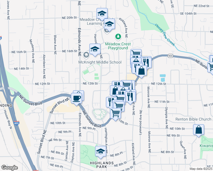 map of restaurants, bars, coffee shops, grocery stores, and more near 2902 Northeast 12th Street in Renton