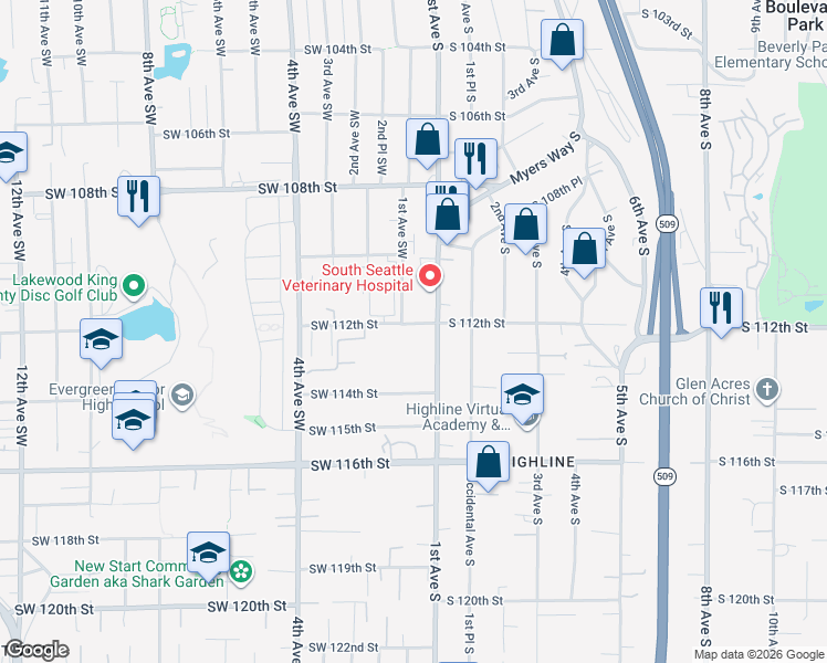 map of restaurants, bars, coffee shops, grocery stores, and more near 11051 1st Avenue South in Seattle