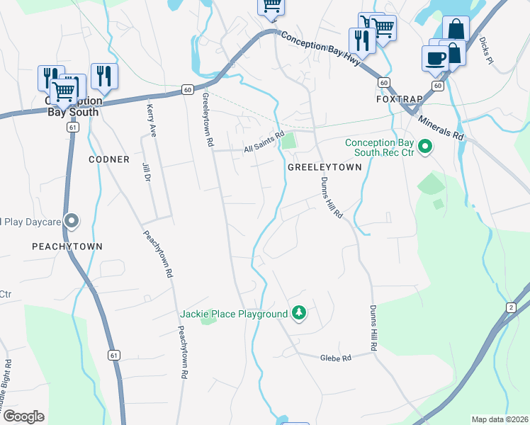 map of restaurants, bars, coffee shops, grocery stores, and more near 39 Ocean View Road in Conception Bay South