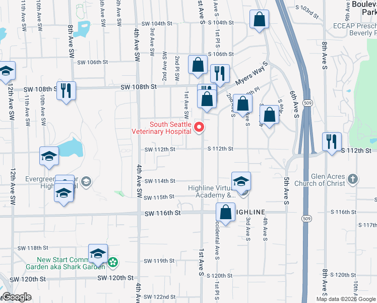 map of restaurants, bars, coffee shops, grocery stores, and more near 125 Southwest 112th Street in Seattle