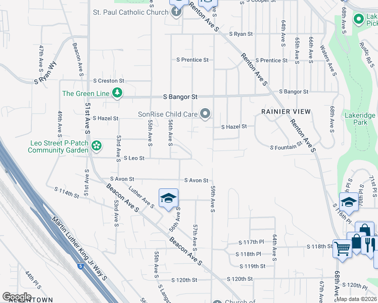 map of restaurants, bars, coffee shops, grocery stores, and more near 5638 South Fountain Street in Seattle
