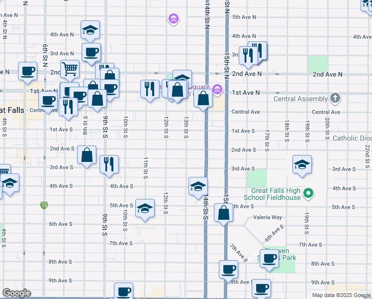 map of restaurants, bars, coffee shops, grocery stores, and more near 199 13th Street South in Great Falls