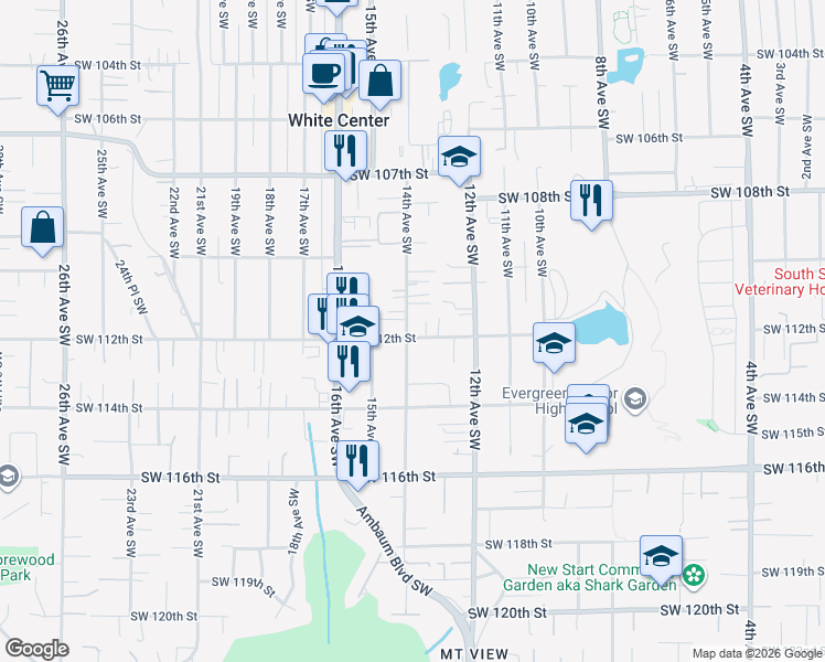 map of restaurants, bars, coffee shops, grocery stores, and more near 11042 14th Avenue Southwest in Seattle
