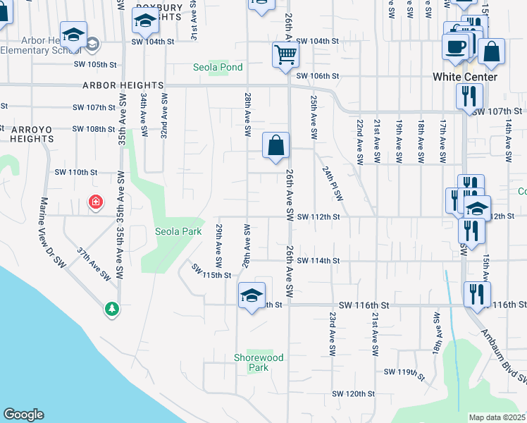 map of restaurants, bars, coffee shops, grocery stores, and more near 2644 Southwest 112th Street in Seattle