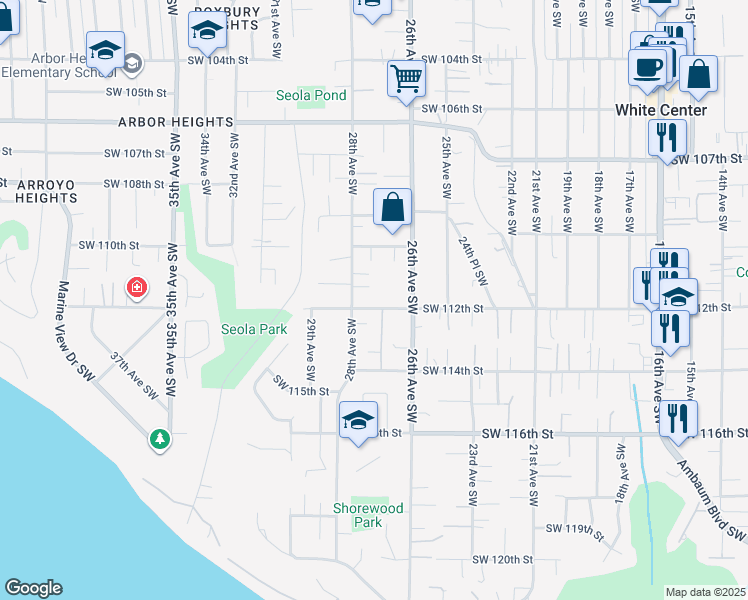 map of restaurants, bars, coffee shops, grocery stores, and more near 11041 26th Avenue Southwest in Seattle