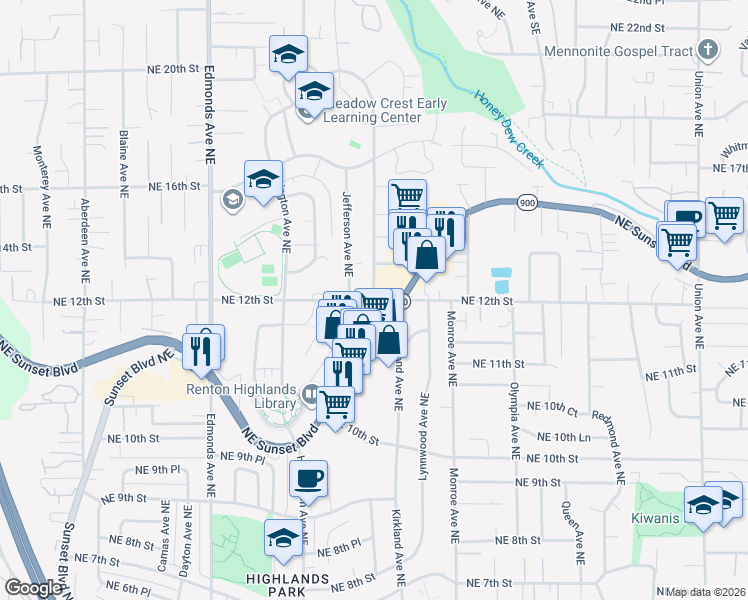map of restaurants, bars, coffee shops, grocery stores, and more near Northeast 12th Street & Kirkland Ave NE in Renton