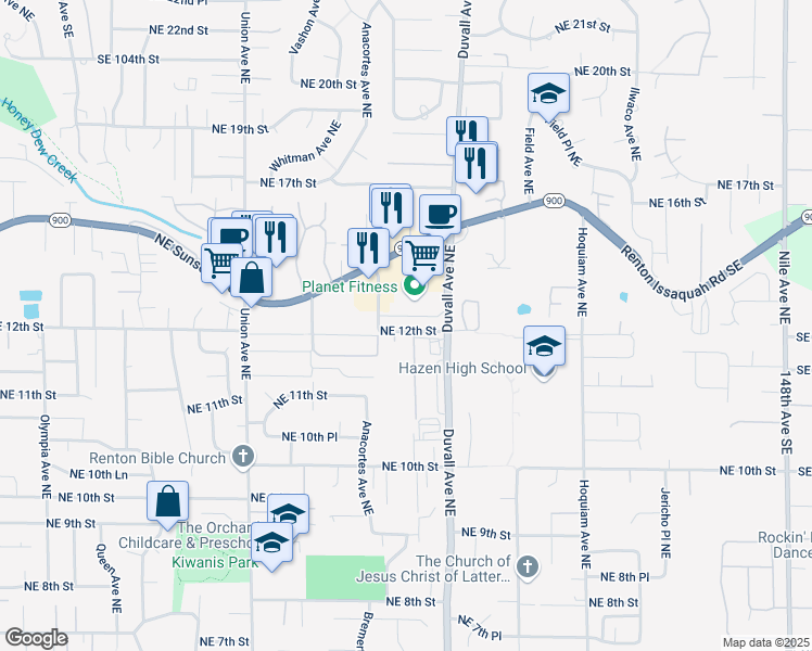 map of restaurants, bars, coffee shops, grocery stores, and more near 4601 Northeast Sunset Boulevard in Renton