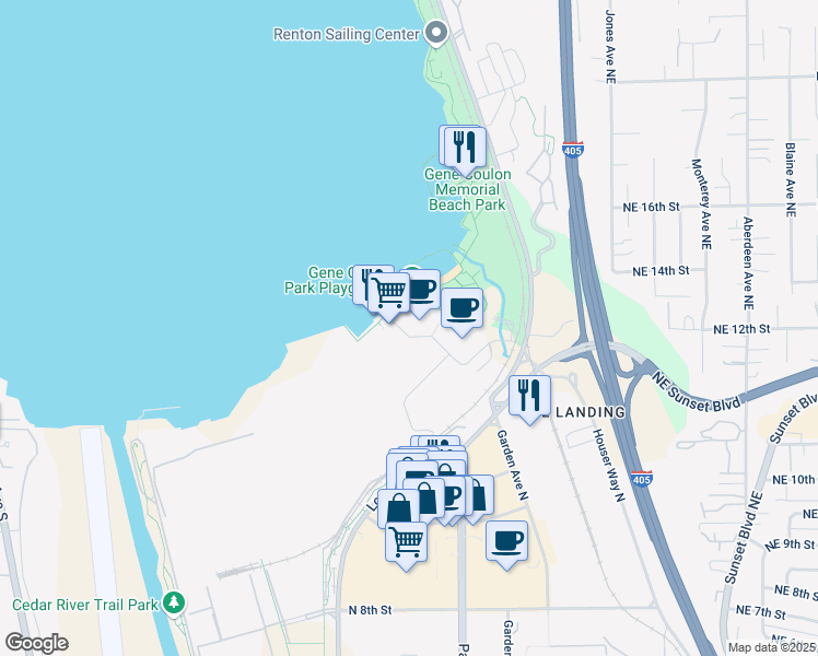map of restaurants, bars, coffee shops, grocery stores, and more near 1085 Lake Washington Boulevard North in Renton