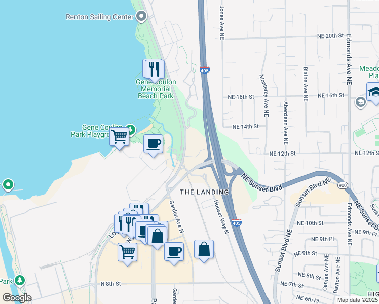 map of restaurants, bars, coffee shops, grocery stores, and more near 1200 Lake Washington Boulevard North in Renton