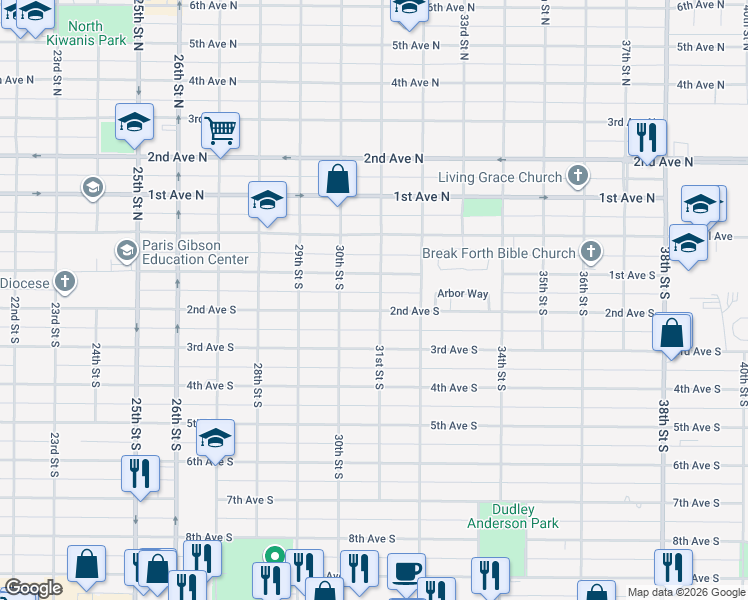 map of restaurants, bars, coffee shops, grocery stores, and more near 3100 1st Avenue South in Great Falls