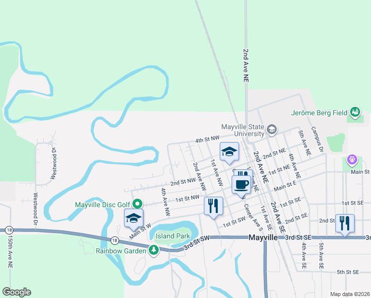 map of restaurants, bars, coffee shops, grocery stores, and more near 4th Street Northwest in Mayville