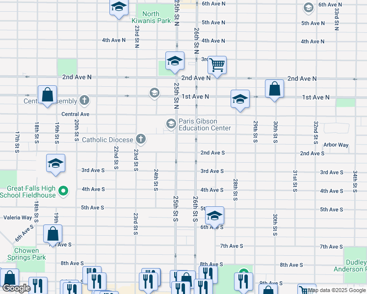 map of restaurants, bars, coffee shops, grocery stores, and more near 119 25th Street North in Great Falls