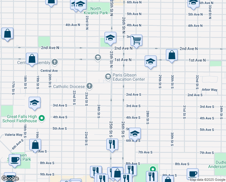 map of restaurants, bars, coffee shops, grocery stores, and more near 119 25th Street North in Great Falls