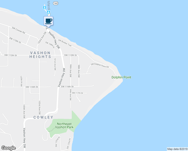 map of restaurants, bars, coffee shops, grocery stores, and more near 9705 SW Dolphin Point Rd in Vashon