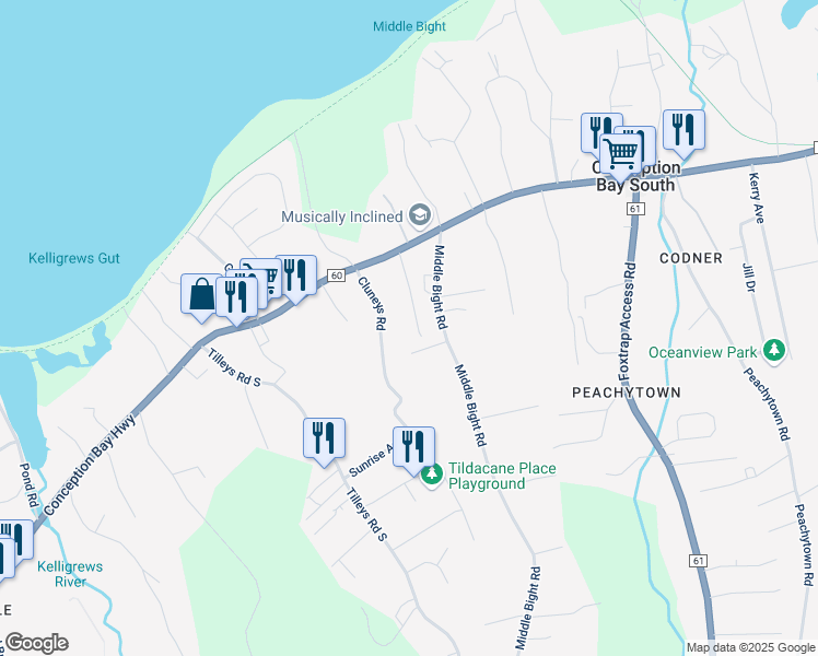 map of restaurants, bars, coffee shops, grocery stores, and more near 26 Woodgrove Acres in Conception Bay South