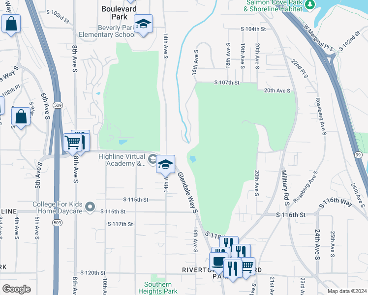 map of restaurants, bars, coffee shops, grocery stores, and more near 10728 Country Club Lane South in Seattle