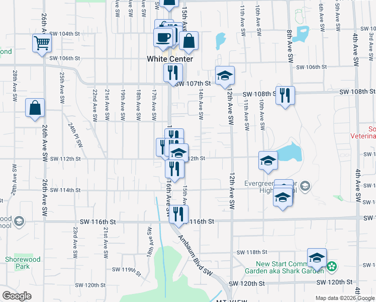 map of restaurants, bars, coffee shops, grocery stores, and more near 11051 14th Avenue Southwest in Seattle