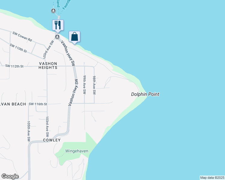 map of restaurants, bars, coffee shops, grocery stores, and more near 9705 Southwest Dolphin Point Road in Vashon