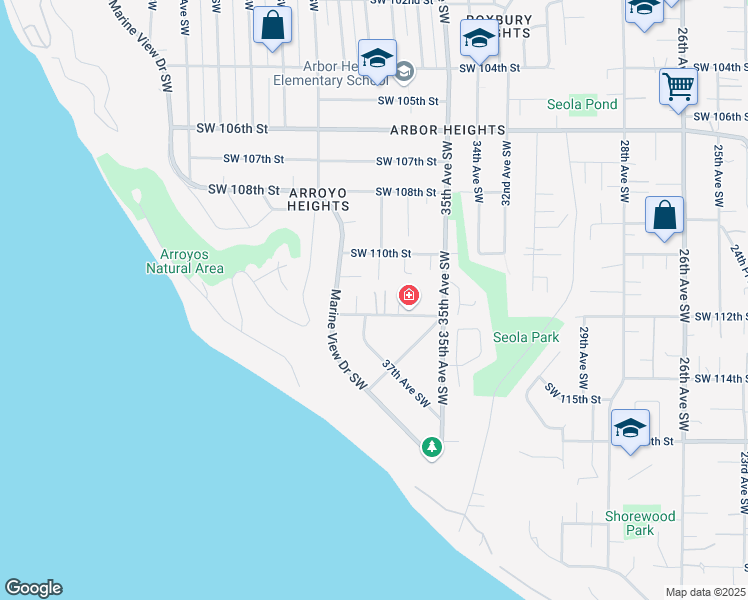 map of restaurants, bars, coffee shops, grocery stores, and more near 3626 Southwest 112th Street in Seattle